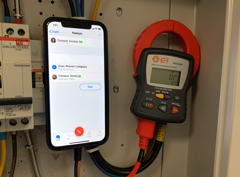 Phone showing an oven preheat complete notification next to a clamp energy meter in a utility panel