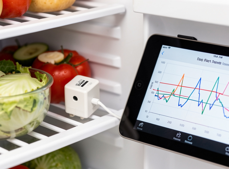 Zigbee temperature sensor inside a refrigerator compartment next to food, with a Home Assistant temperature graph on a tablet
