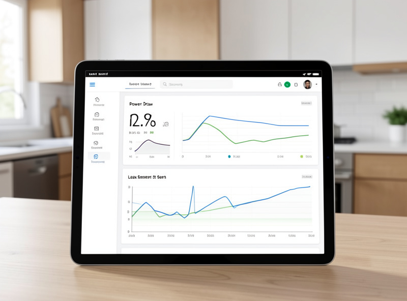 Home Assistant dashboard showing refrigerator temperature, power draw and leak sensor status with graphs