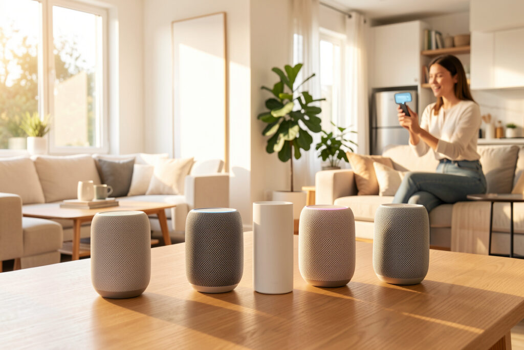 Smart speakers placed in different rooms of a modern home for whole-home music