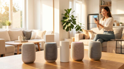 Smart speakers placed in different rooms of a modern home for whole-home music