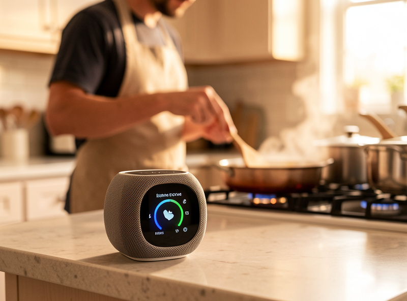 A compact smart speaker on a kitchen counter playing music while someone cooks