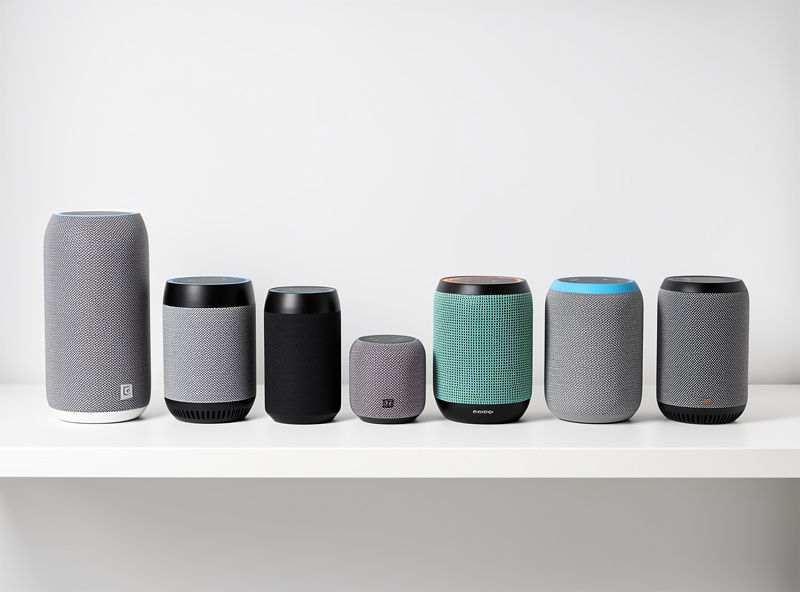 A lineup of different smart speakers from several brands on a shelf