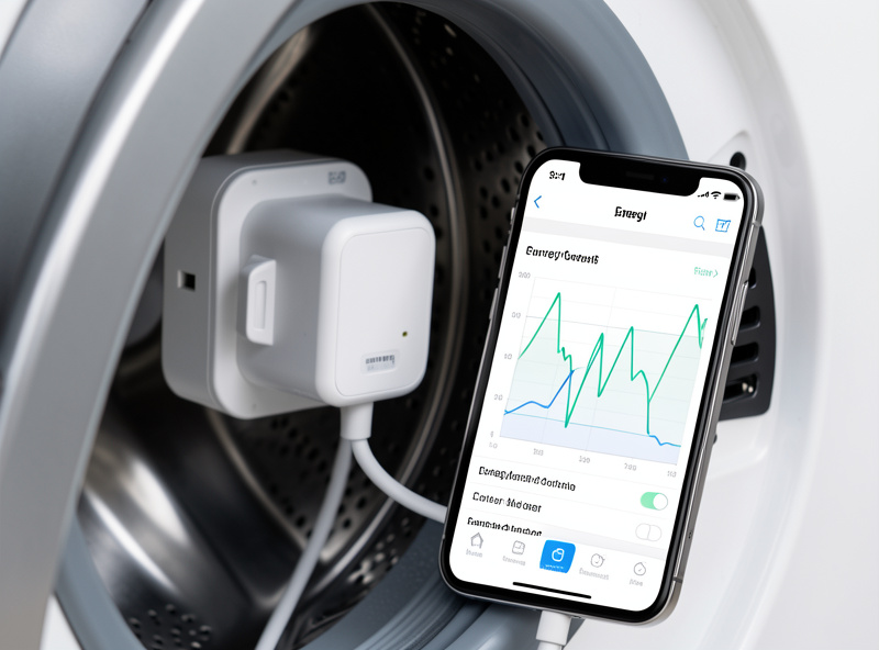 Energy-monitoring smart plug behind a washing machine with a phone showing a wash-cycle power graph