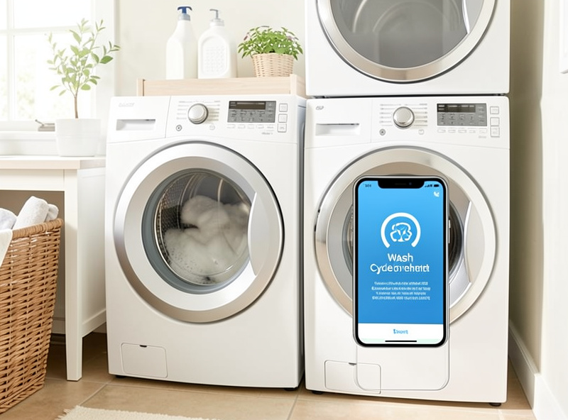 Phone notification reading wash cycle complete next to a stacked washer and dryer