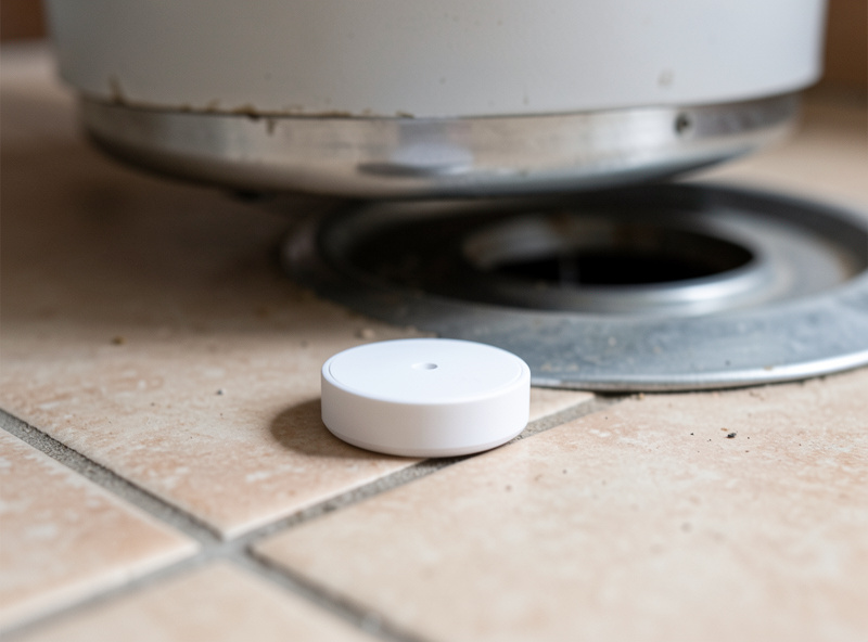 Zigbee water leak sensor placed on the floor beside a home water heater drain pan