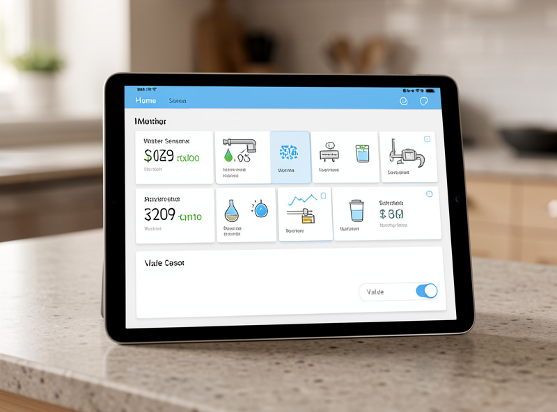 Home Assistant dashboard showing water leak sensor status and a motorized main shutoff valve control