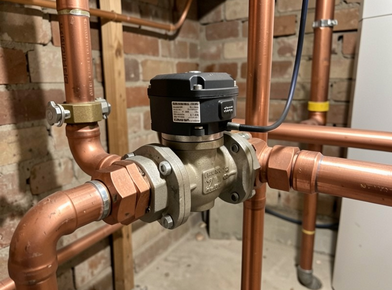 Motorized ball valve installed on a home main water supply line for automatic shutoff