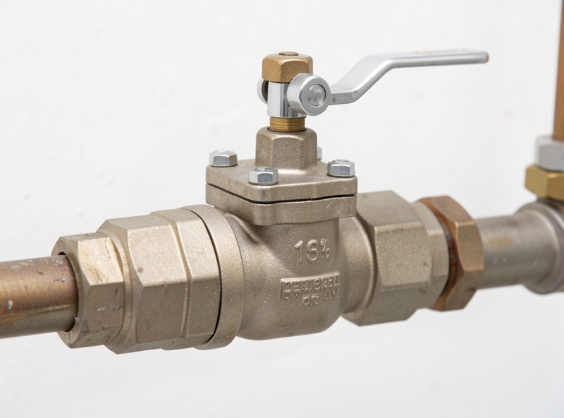 Inline motorized ball valve installed on a home main water line with a manual override lever