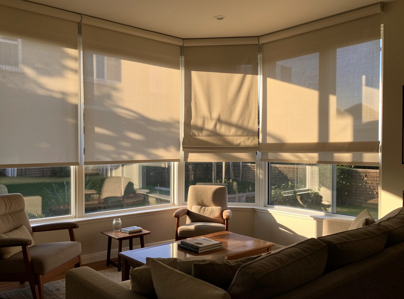 Living room shades lowering automatically as afternoon sun hits the windows
