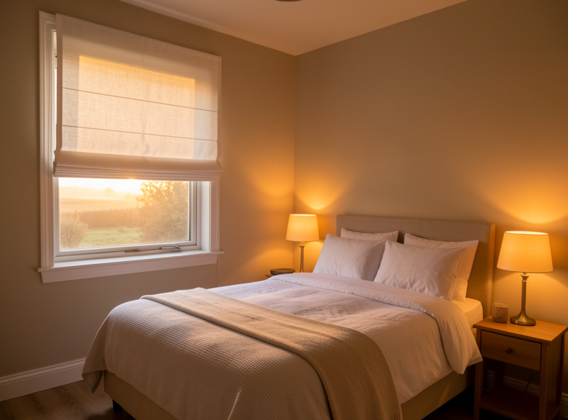 Bedroom at dawn with shade rising and warm lights fading in together