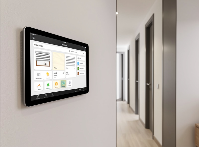 Smart home dashboard showing shade and light scenes on a tablet mounted on a wall
