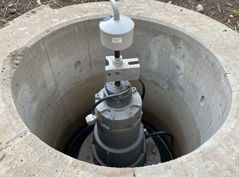Sump pit with a sump pump and a high-water float sensor mounted above the pump on the discharge pipe