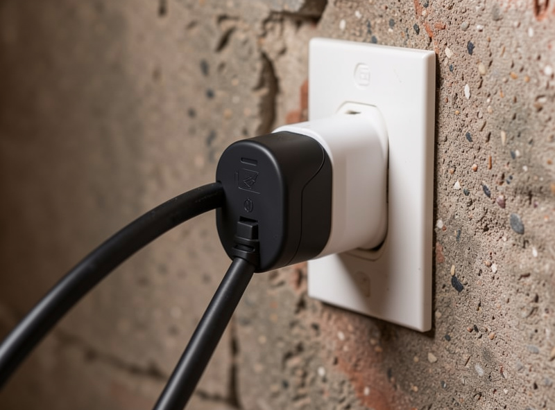 Energy-monitoring smart plug connected to a sump pump cord in a basement utility area