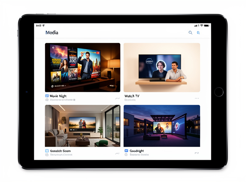 A tablet dashboard showing TV and media scene buttons for a smart home
