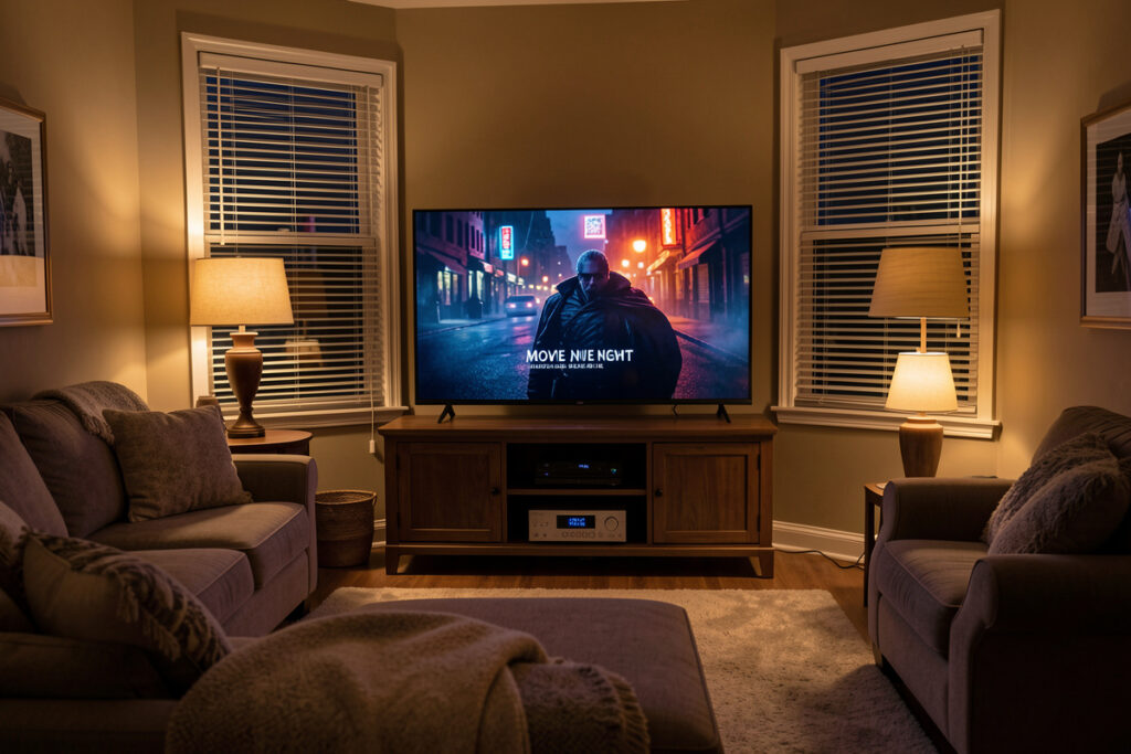 Living room set for a movie night automation scene with dimmed lights and lowered blinds