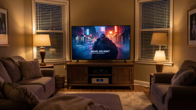 Living room set for a movie night automation scene with dimmed lights and lowered blinds