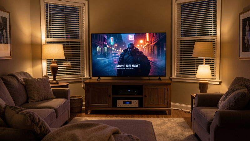 Living room set for a movie night automation scene with dimmed lights and lowered blinds