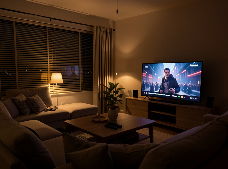 A living room during a movie night scene with dimmed lights, lowered blinds, and a TV playing