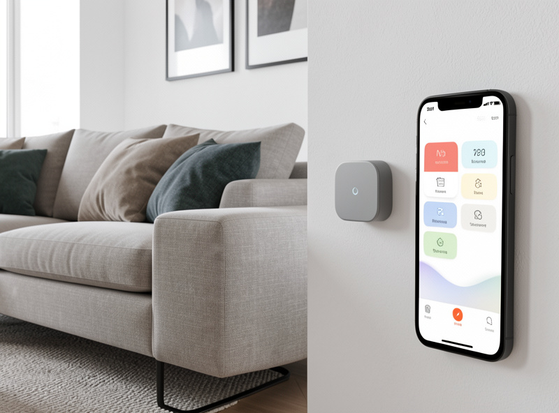 A wall-mounted button and phone triggering a TV automation scene