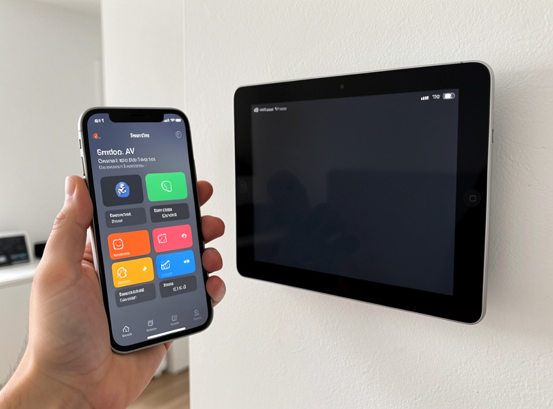 A phone and wall tablet showing smart home control buttons replacing a universal remote