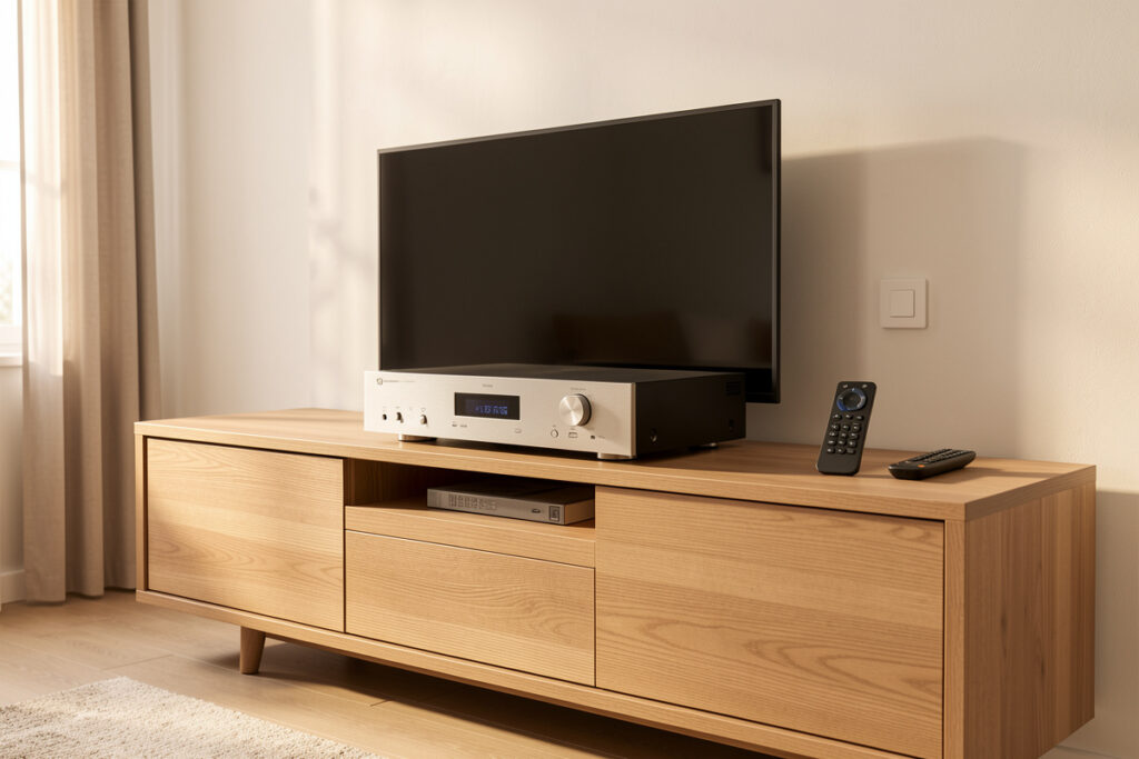 A media console controlled by a hub and wall button instead of a universal remote