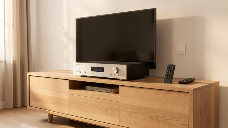 A media console controlled by a hub and wall button instead of a universal remote