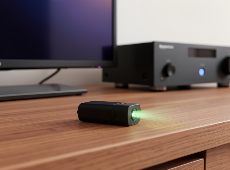 An IR blaster device on a media console pointed at a TV and AV receiver