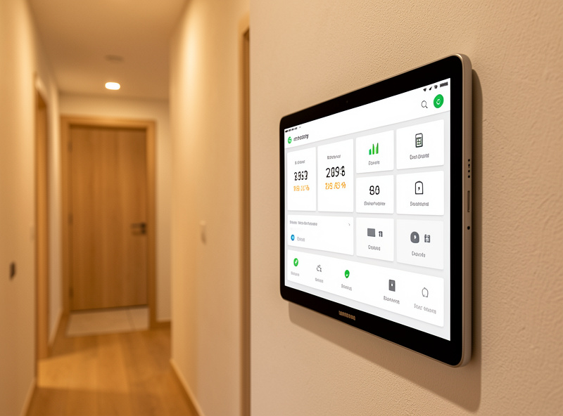 Samsung Galaxy tablet wall mounted in modern hallway displaying Home Assistant dashboard with room temperatures and door lock status