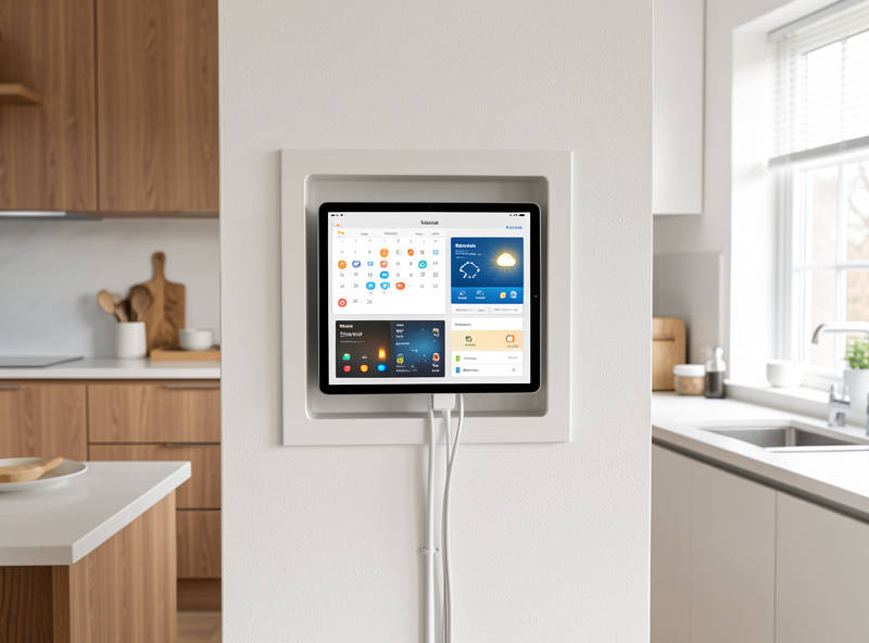Wall mounted tablet in modern kitchen showing smart home dashboard with family calendar and lighting controls