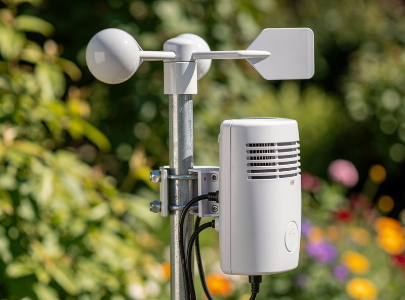 Outdoor weather sensor and small personal weather station with anemometer mounted on a garden pole