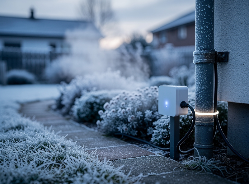 Frosty garden at dawn with a smart plug running a pipe-heat cable on a freeze trigger