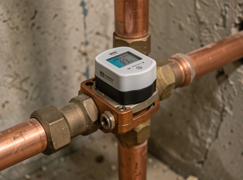 Whole-home water monitor device installed on a main water supply pipe in a basement