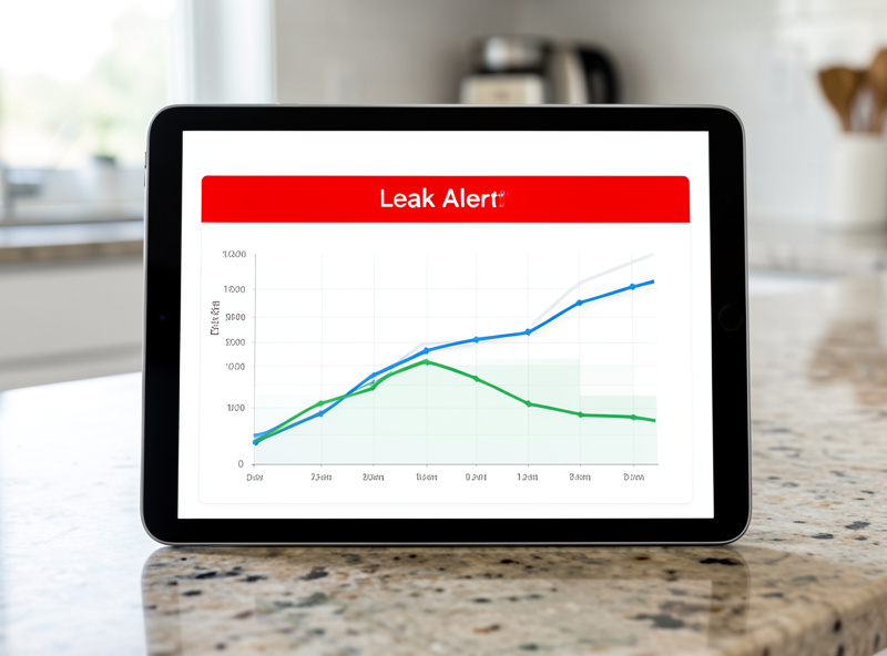 A water usage dashboard on a tablet showing daily flow rate trends and a leak alert
