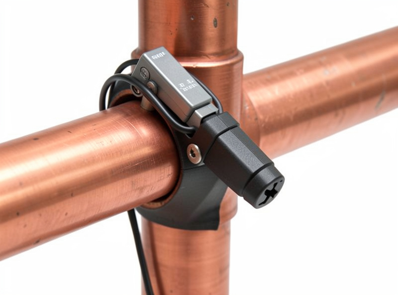 Clamp-on ultrasonic water flow sensor strapped to the outside of a copper main pipe