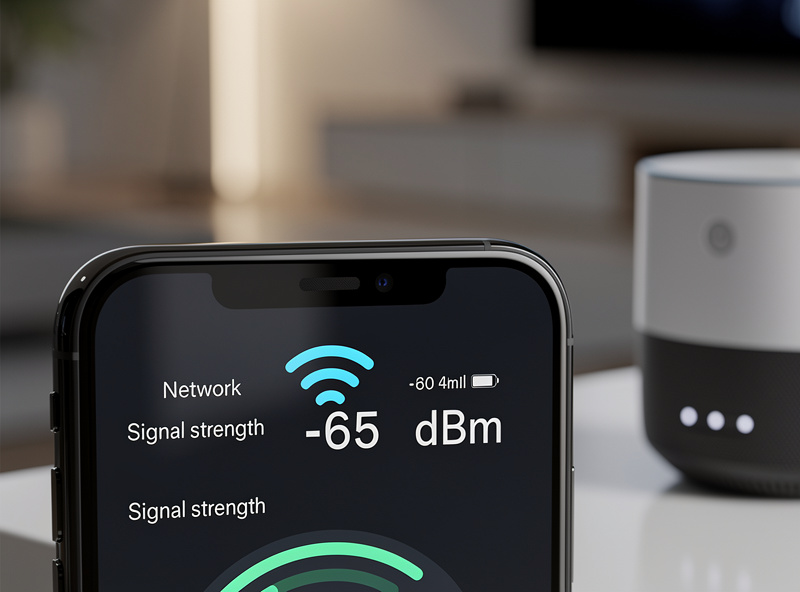 Phone app showing WiFi signal strength in dBm while diagnosing a dead zone in a home