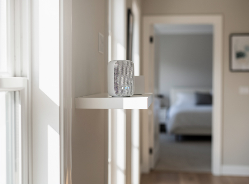 Mesh WiFi node placed two-thirds of the way toward a weak coverage area on a hallway shelf