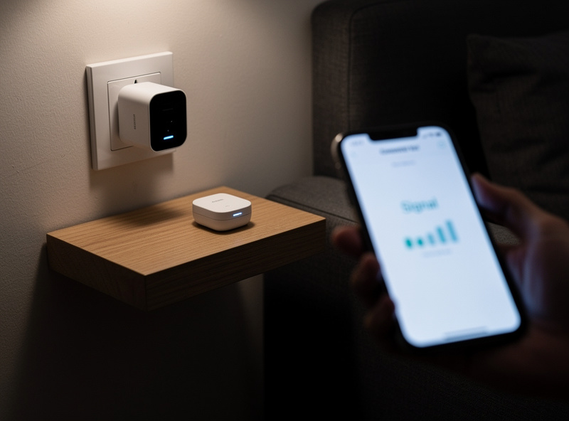 Smart plug and sensor on a shelf in a weak signal area being tested for connectivity