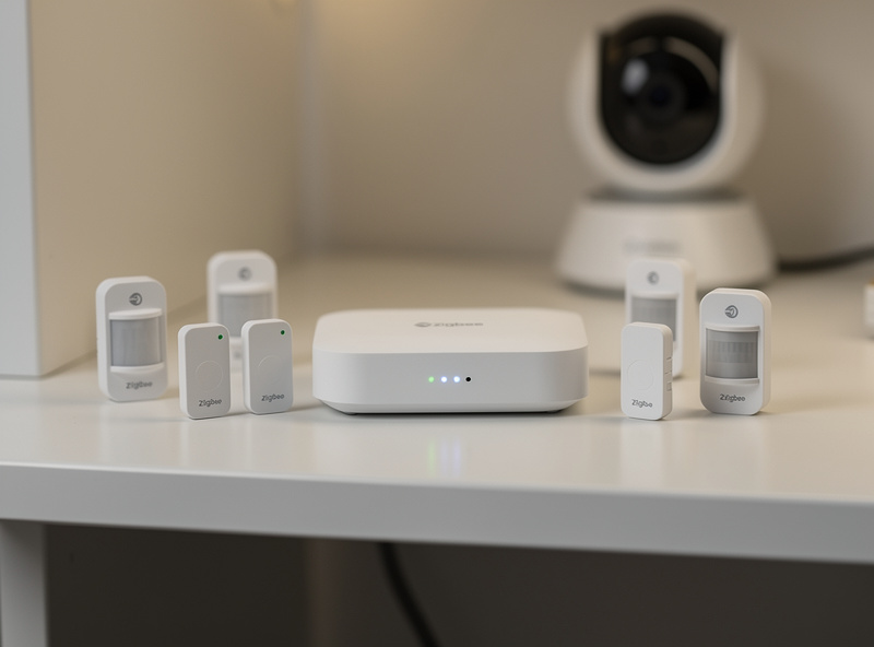 A Zigbee smart home hub coordinator beside several small battery sensors and a WiFi camera