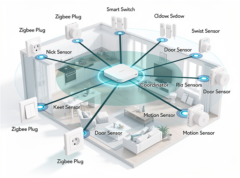 Zigbee mesh network diagram showing mains-powered devices repeating signal to distant sensors