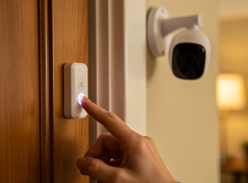 A hand pairing a Zigbee contact sensor to a hub while a WiFi camera sits in the background