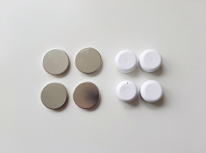 A selection of coin cell batteries beside several smart home sensors on a desk