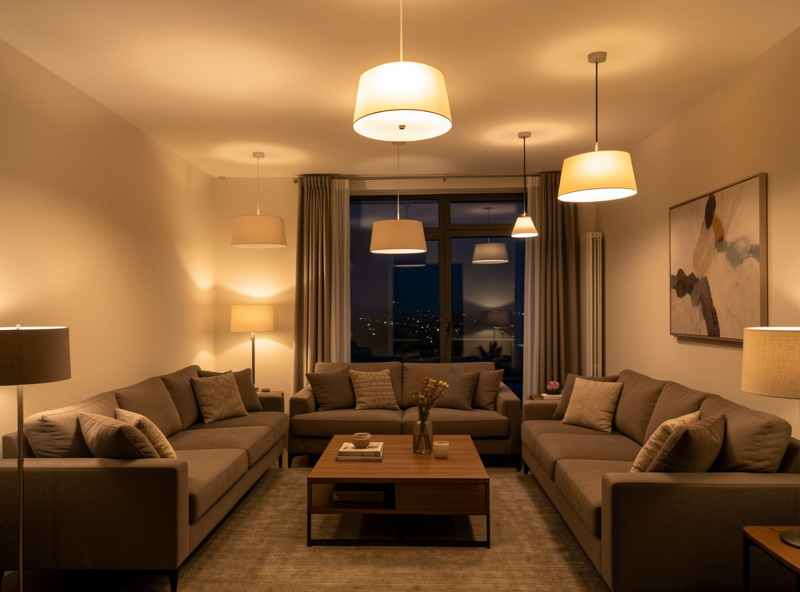 A room of lights turning on together in sync controlled by a single wall switch