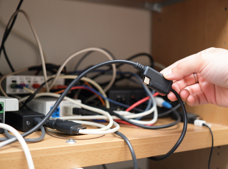 A coordinator stick on an extension cable being moved away from a cluster of electronics to reduce interference