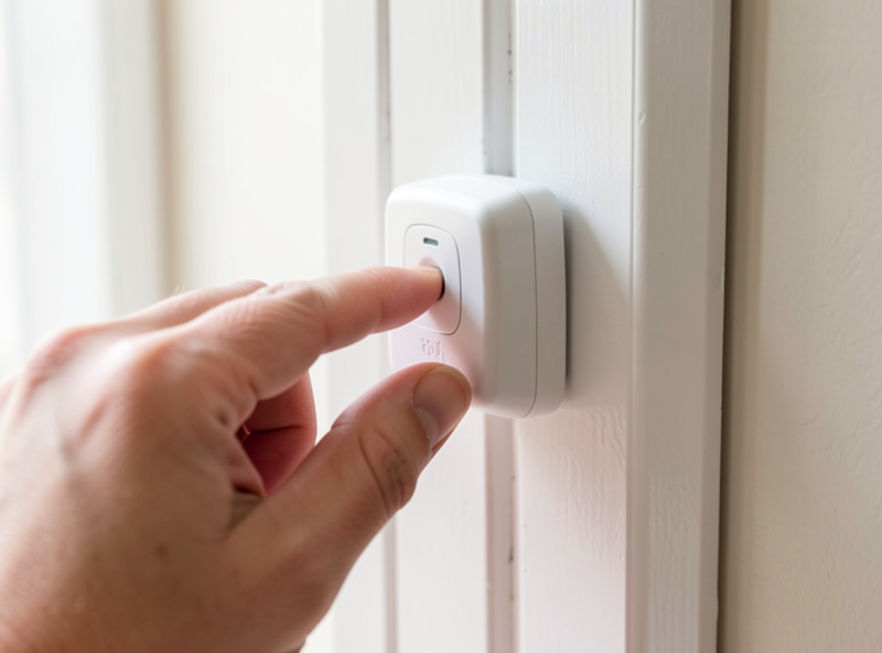 Hands resetting a small Zigbee sensor to re-pair it in its final location in a room