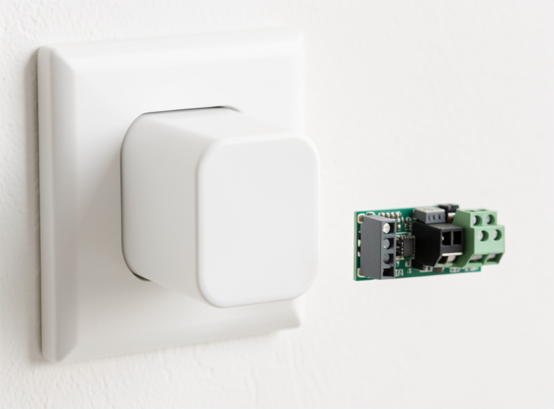 A smart plug and an in-wall relay shown as mains-powered Zigbee routers in a home