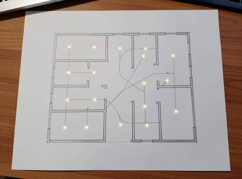 A floor plan concept showing mains-powered routers spread through a house carrying traffic from battery sensors