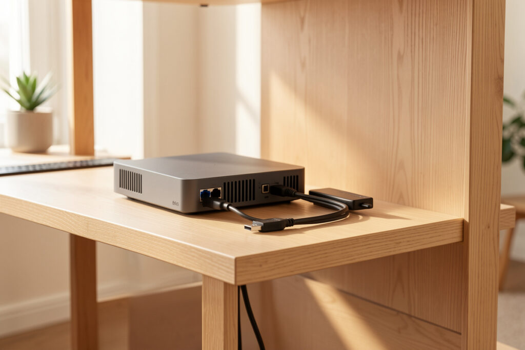 Home automation shelf with a mini-PC running Home Assistant and a Zigbee coordinator on an extension cable