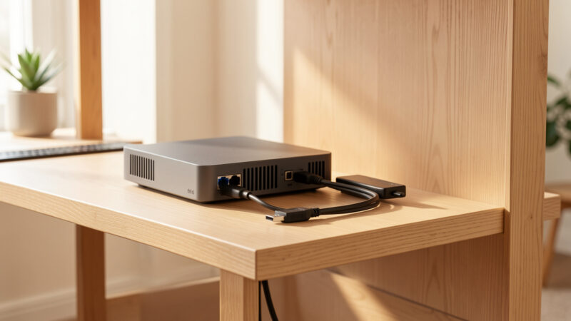 Home automation shelf with a mini-PC running Home Assistant and a Zigbee coordinator on an extension cable