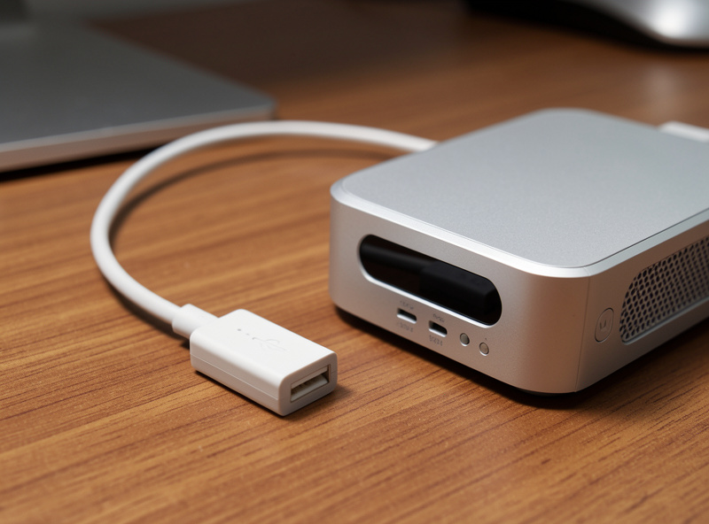 Zigbee USB coordinator stick on a short USB extension cable beside an Intel N100 mini-PC running Home Assistant